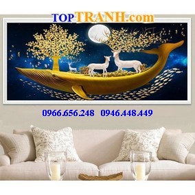 Tranh thêu chữ thập hươu tài lộc